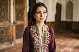 Actrice turque connue en costume élégant dans un décor ottoman, regard expressif et confiant