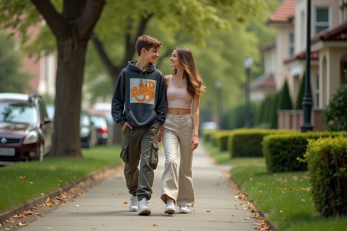 Adolescentes marchant dans un quartier résidentiel avec arbres