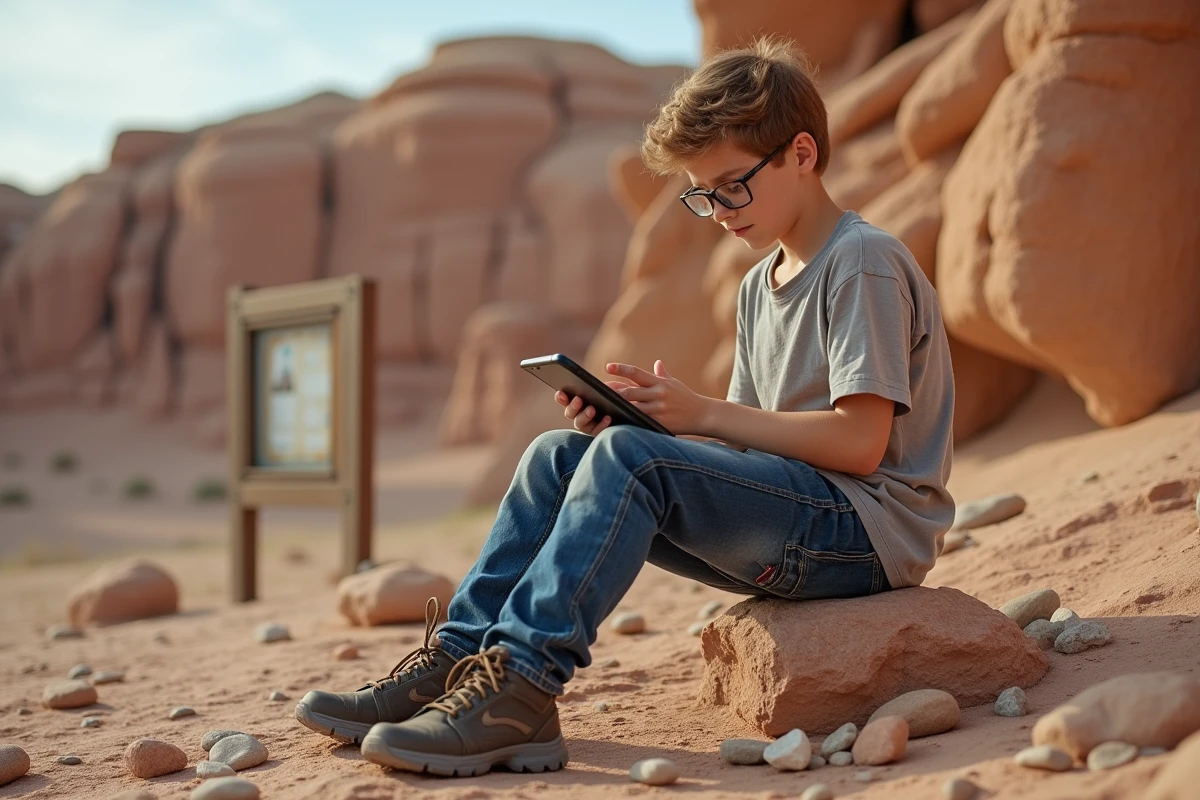 Adolescent utilisant une tablette pour identifier des pierres