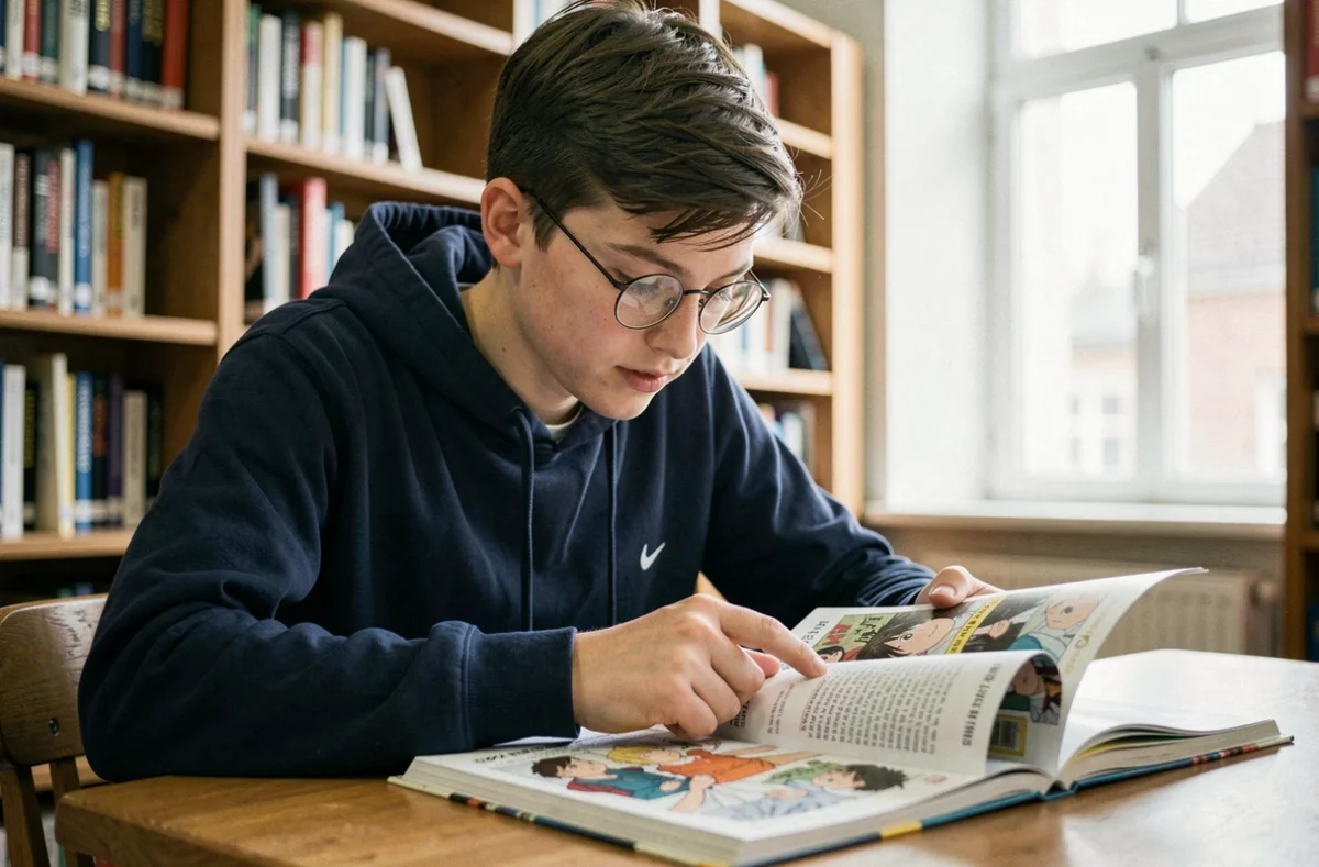Adolescent curieux découvrant un manga pour débutants dans une bibliothèque calme avec des étagères de livres en arrière-plan