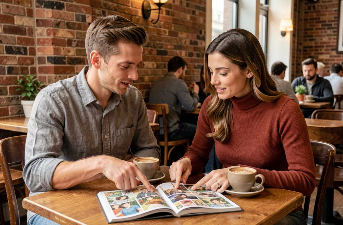 Deux adultes discutant ensemble d'un manga pour grands débutants autour d'un café dans un café urbain chaleureux