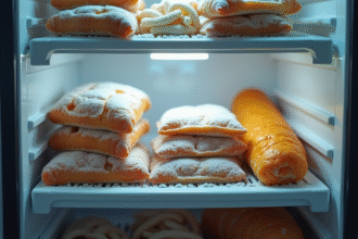 Aliments surgelés dans un congélateur ouvert dans une cuisine lumineuse