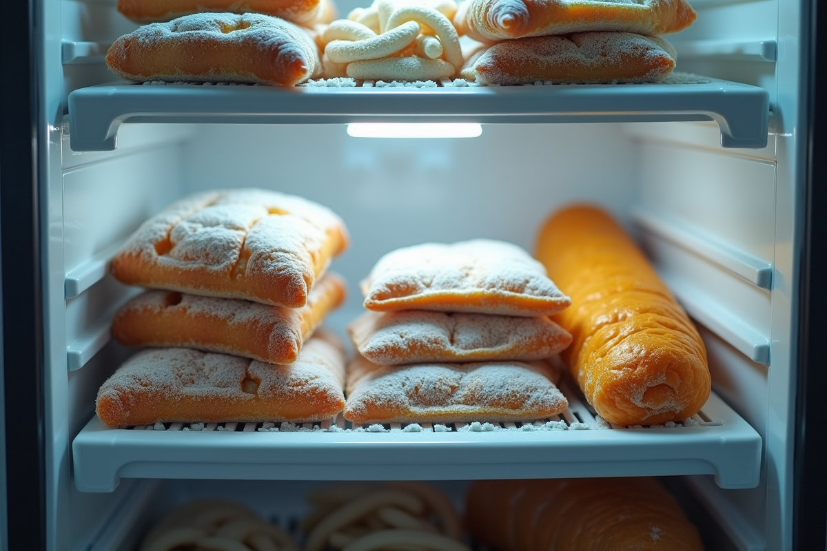 Aliments surgelés dans un congélateur ouvert dans une cuisine lumineuse
