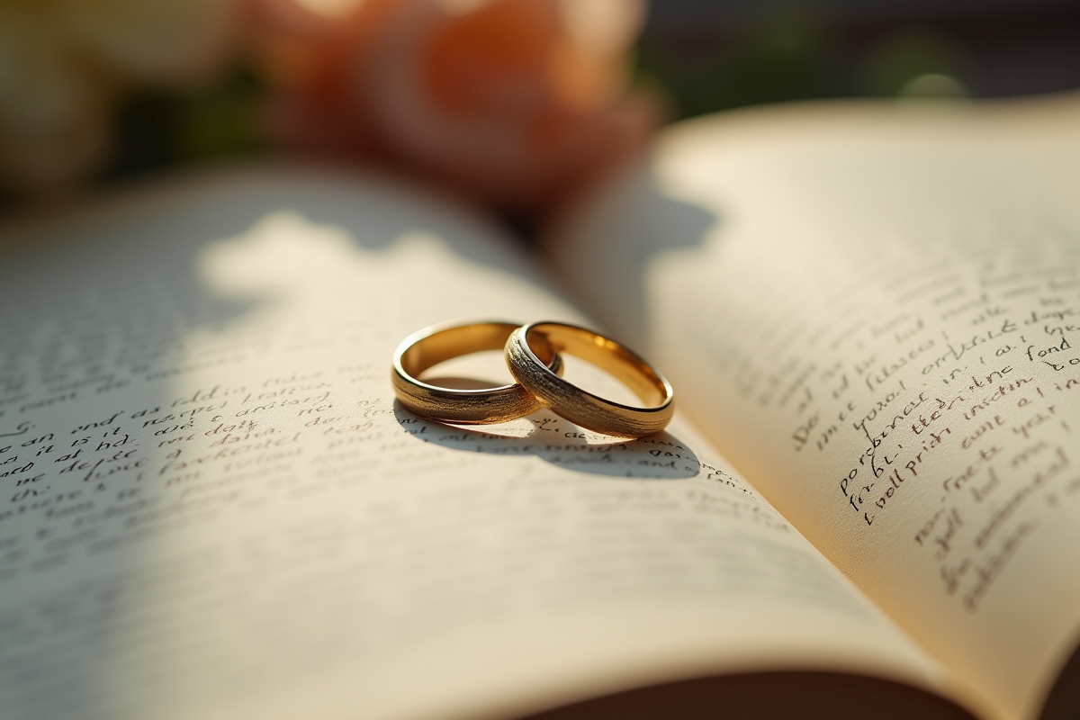 Alliances de mariage sur un livre avec notes manuscrites