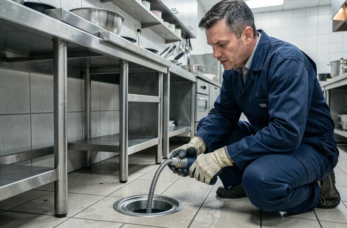 Technicien Allod Bouchage utilisant un furet professionnel pour déboucher une canalisation dans une cuisine commerciale