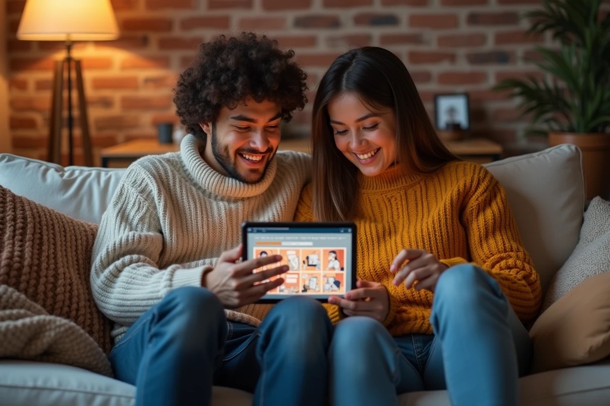 Deux amis lisant ensemble un webtoon coréen sur tablette dans un appartement moderne