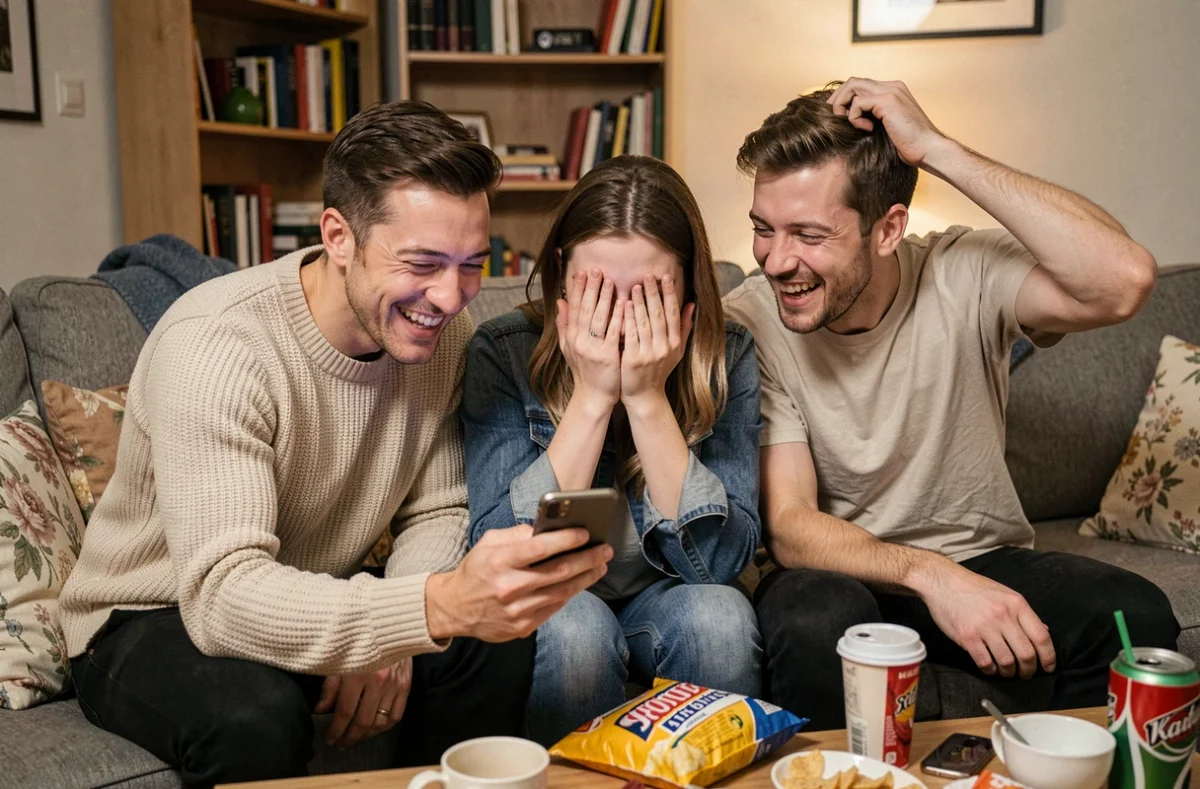 Groupe d'amis qui partagent une blague interne sur un téléphone dans un appartement