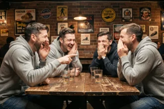 Groupe d'amis qui rient ensemble autour d'une table de bar en partageant des private jokes