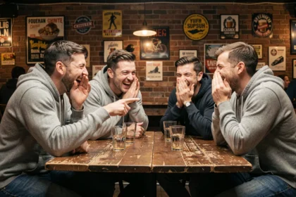 Groupe d'amis qui rient ensemble autour d'une table de bar en partageant des private jokes