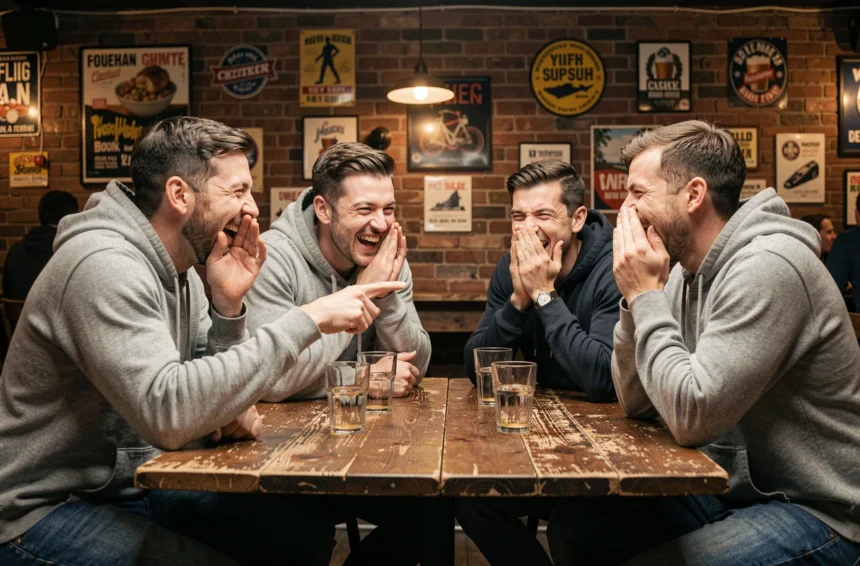 Groupe d'amis qui rient ensemble autour d'une table de bar en partageant des private jokes