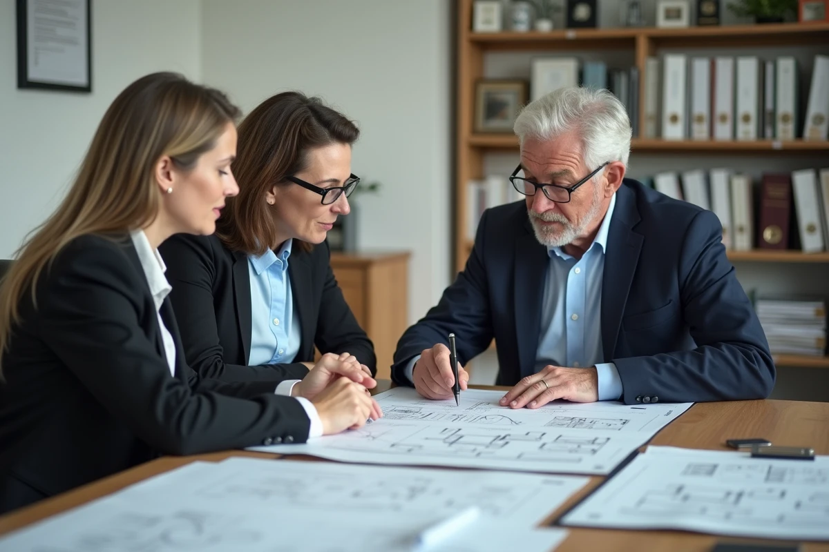 Deux professionnels analysant des rapports de conformité ERP et des plans d'évacuation dans un bureau municipal