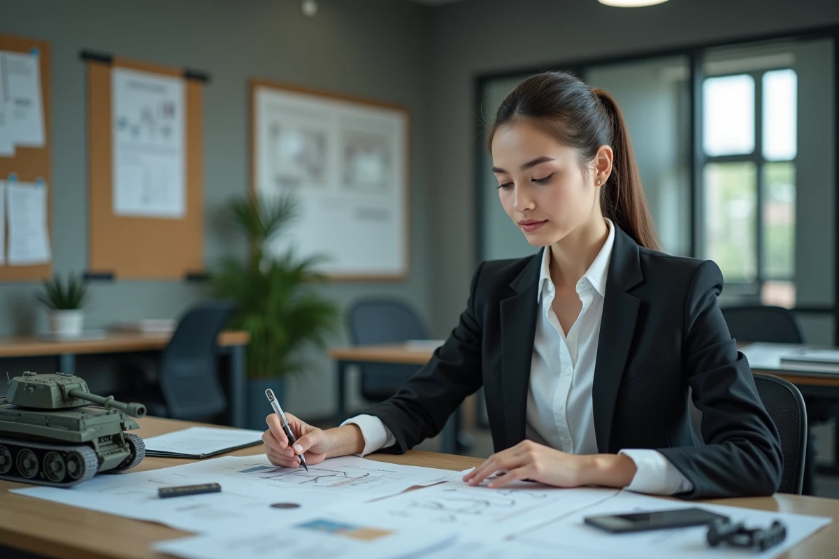 Analyste en défense étudiant des documents dans un bureau moderne