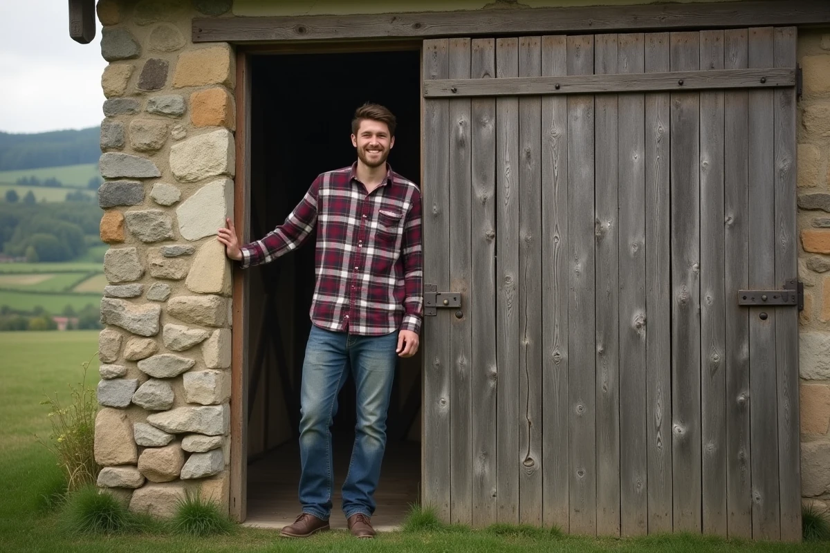 Grand jeune homme en chemise à carreaux debout devant une grange rurale française, sa stature imposante mise en valeur par la comparaison avec la porte en bois, évoquant la jeunesse d'André Roussimoff