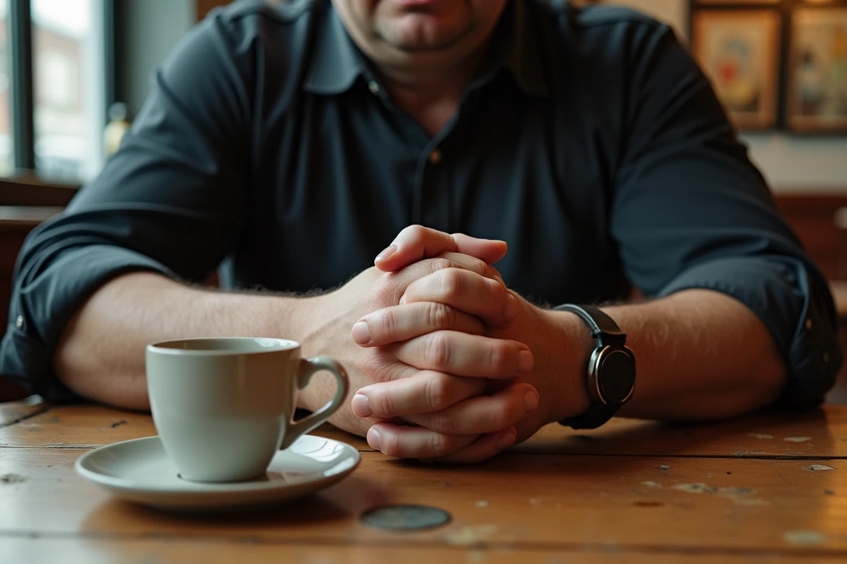 Gros plan sur les mains gigantesques d'un homme de grande taille posées sur une table en bois à côté d'une tasse de café ordinaire, illustrant l'échelle corporelle exceptionnelle d'André le Géant