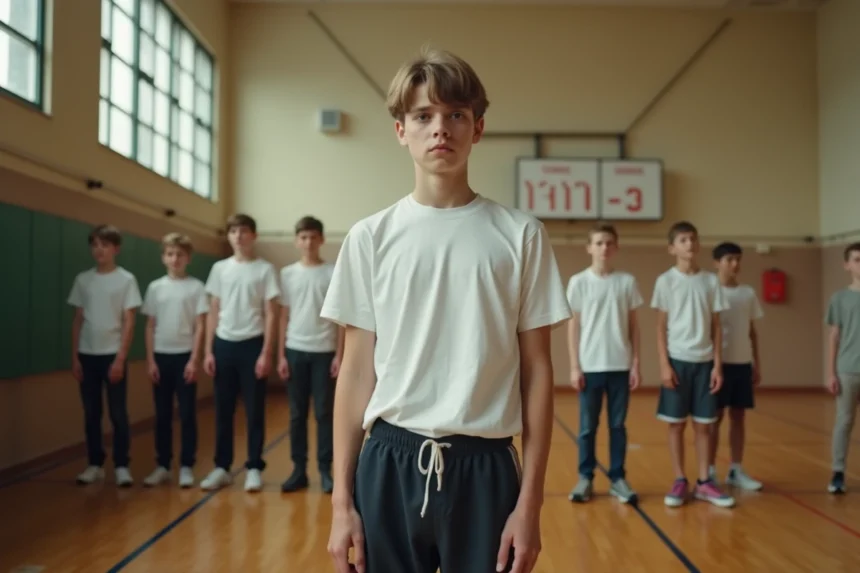Adolescent très grand debout dans un gymnase scolaire entouré de camarades de taille normale, illustrant la croissance exceptionnelle d'André le Géant durant son adolescence