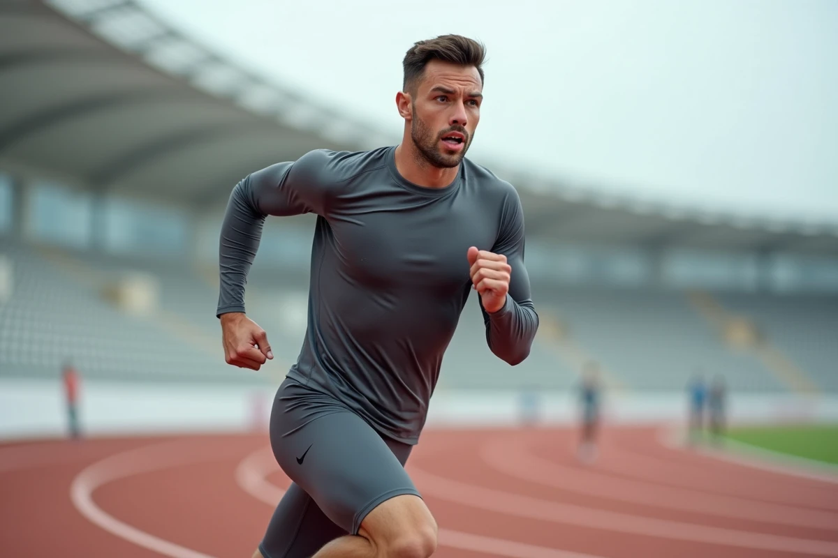 Athlète masculin en pleine course sur une piste d'athlétisme, illustrant la photographie sportive avec un appareil rapide