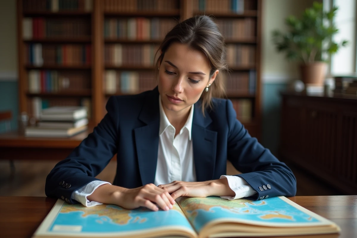 Femme consultant un atlas avec la carte politique de l'Asie et ses États souverains