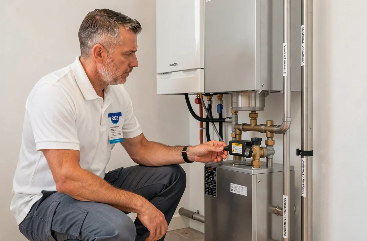 Plombier-chauffagiste RGE Avenir Énergie à Nantes réglant une chaudière à condensation et une pompe à chaleur