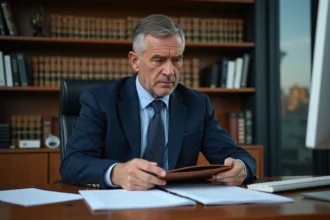 Avocat homme en costume navy au bureau avec documents
