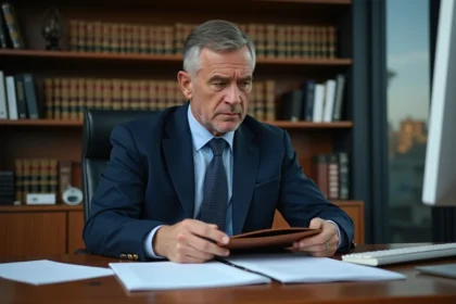 Avocat homme en costume navy au bureau avec documents