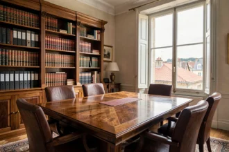Vue panoramique d'un cabinet d'avocats en Centre-Val de Loire avec une table de conférence en bois et des étagères de livres juridiques