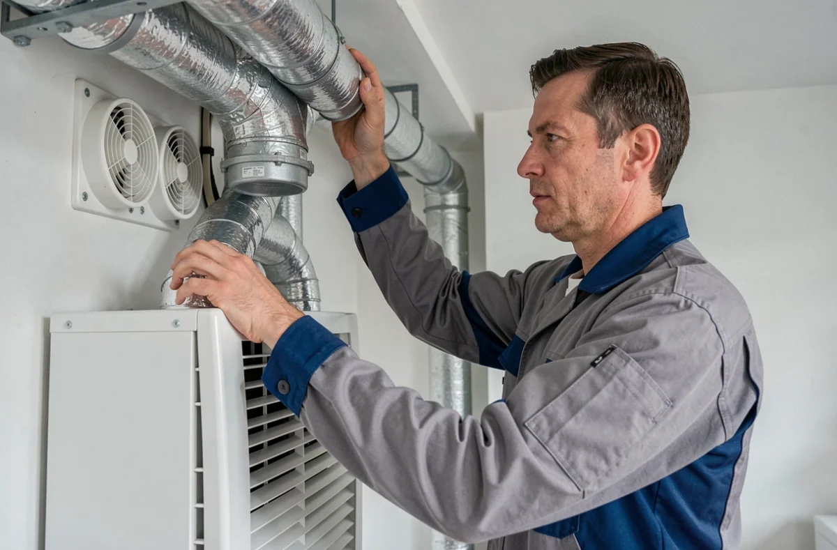 Technicien AVS Audouin Vincent Services installant un système de ventilation et climatisation