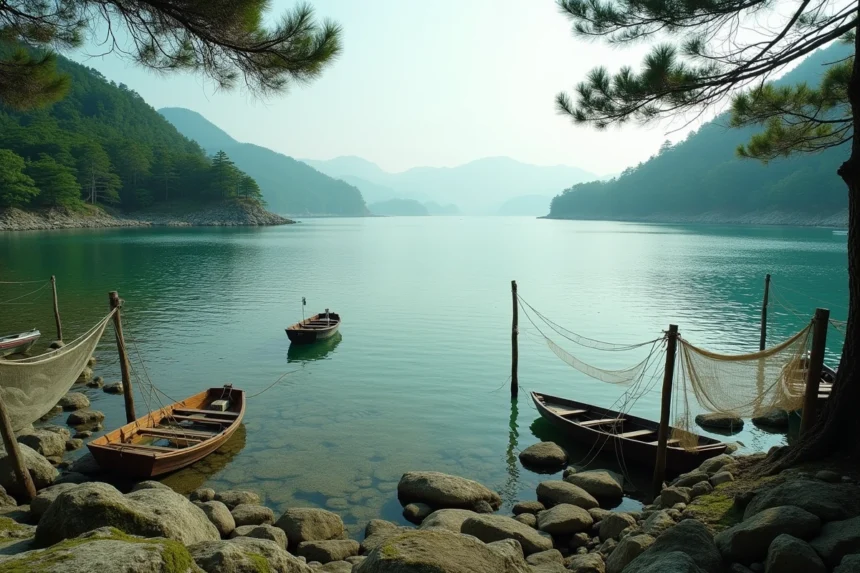 Vue hyper-réaliste d'une baie japonaise paisible avec des bateaux de pêche traditionnels et des collines boisées en arrière-plan