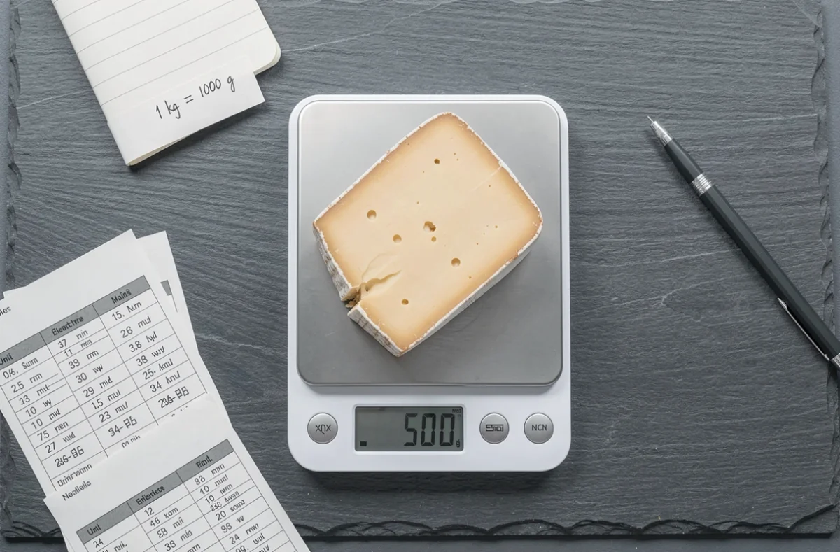 Vue du dessus d'une balance de cuisine numérique avec fromage et fiches de conversion grammes kilogrammes sur ardoise grise