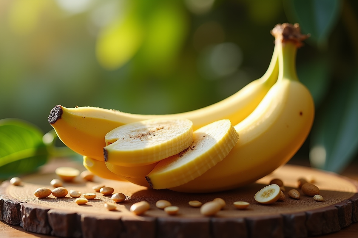 Banane en forme de S coupée sur un plateau en bois rustique