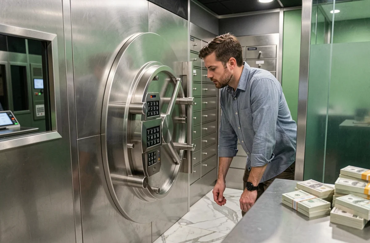 Deux joueurs tentant d'ouvrir une porte de coffre-fort dans la salle de l'escape game BanK Escape à Orléans