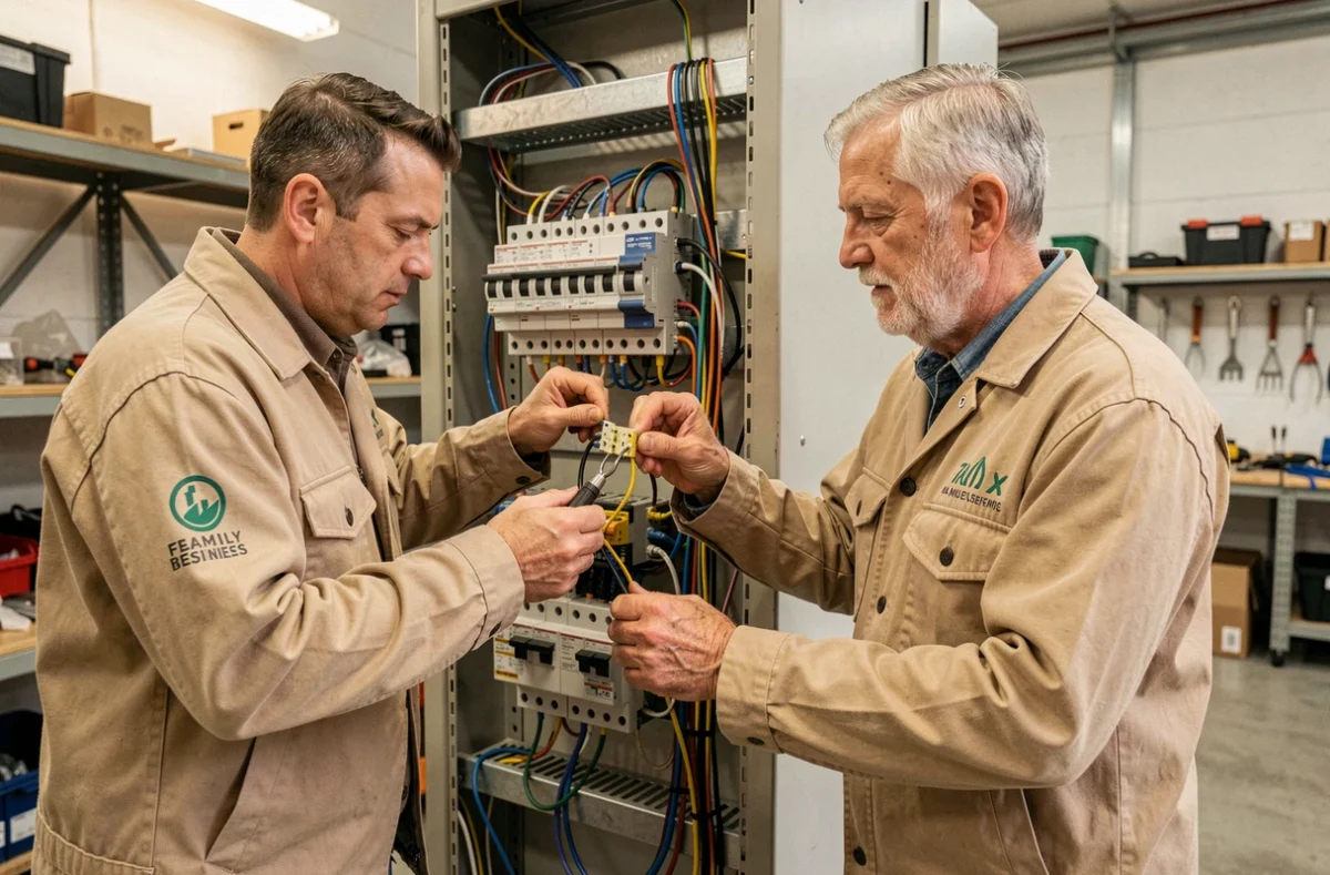 Deux électriciens de la société Berak Frères Sarl travaillant sur un tableau électrique industriel