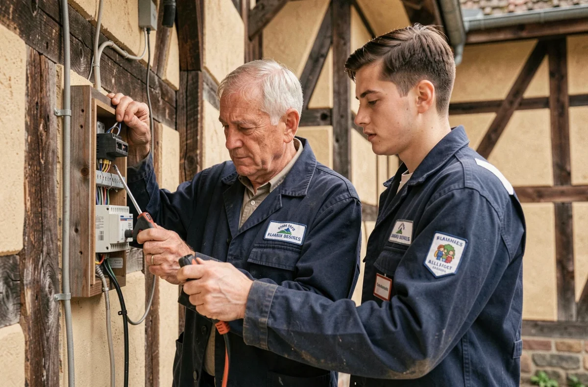 Père et fils électriciens de Bilger et Fils travaillant sur la restauration électrique d'une maison alsacienne à Mulhouse