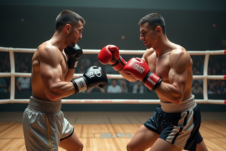 Deux boxeurs en plein échange dans le ring avec public en arrière-plan
