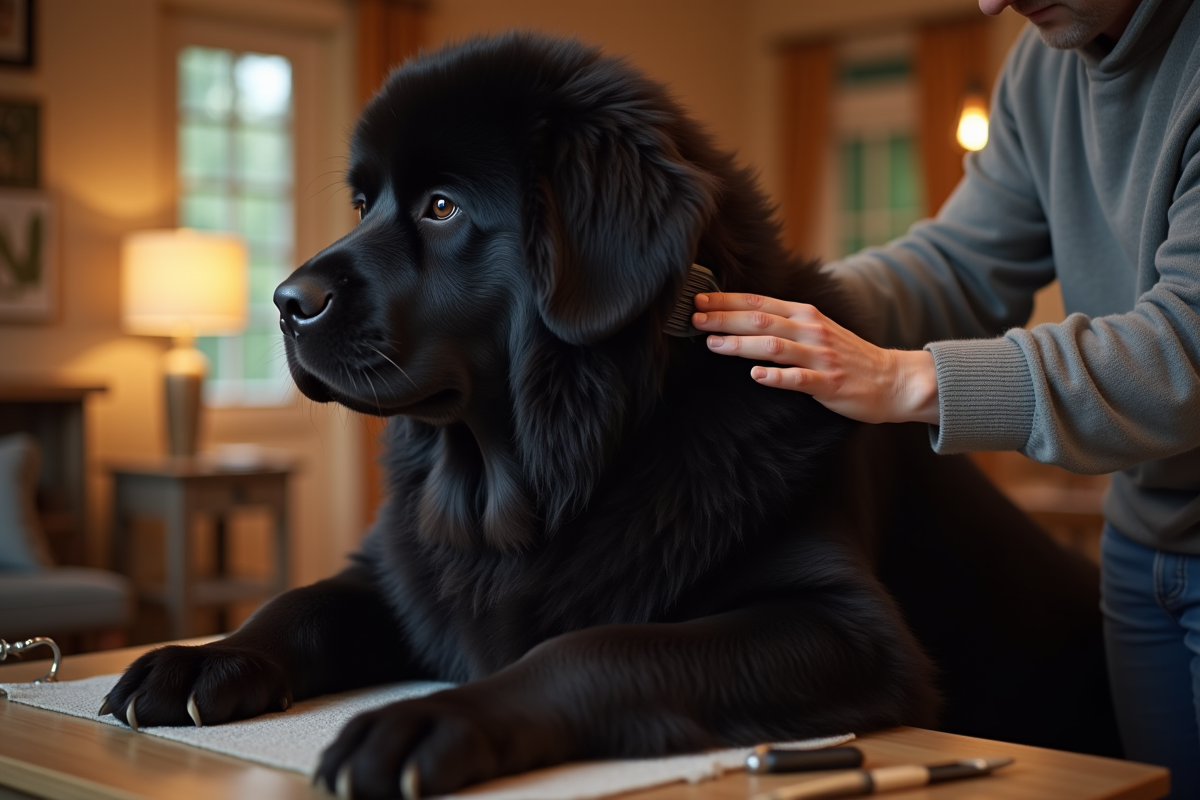 Personne brossant doucement un chien Newfoundland à la maison