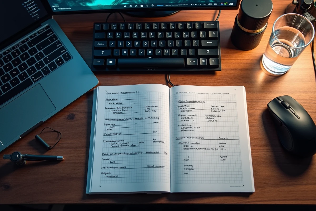 Vue aérienne d'un bureau de gamer avec clavier mécanique, notes manuscrites sur les paramètres de mods et écran d'ordinateur affichant les réglages graphiques d'un jeu de simulation