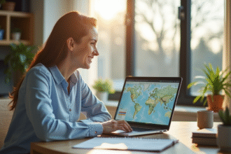 Bureau lumineux avec personne souriante devant un ordinateur affichant une carte de suivi colis