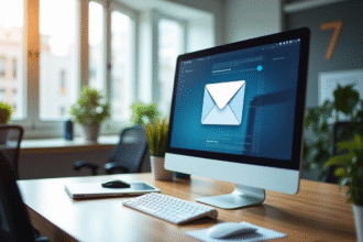 Espace de travail moderne avec écran affichant une boîte mail