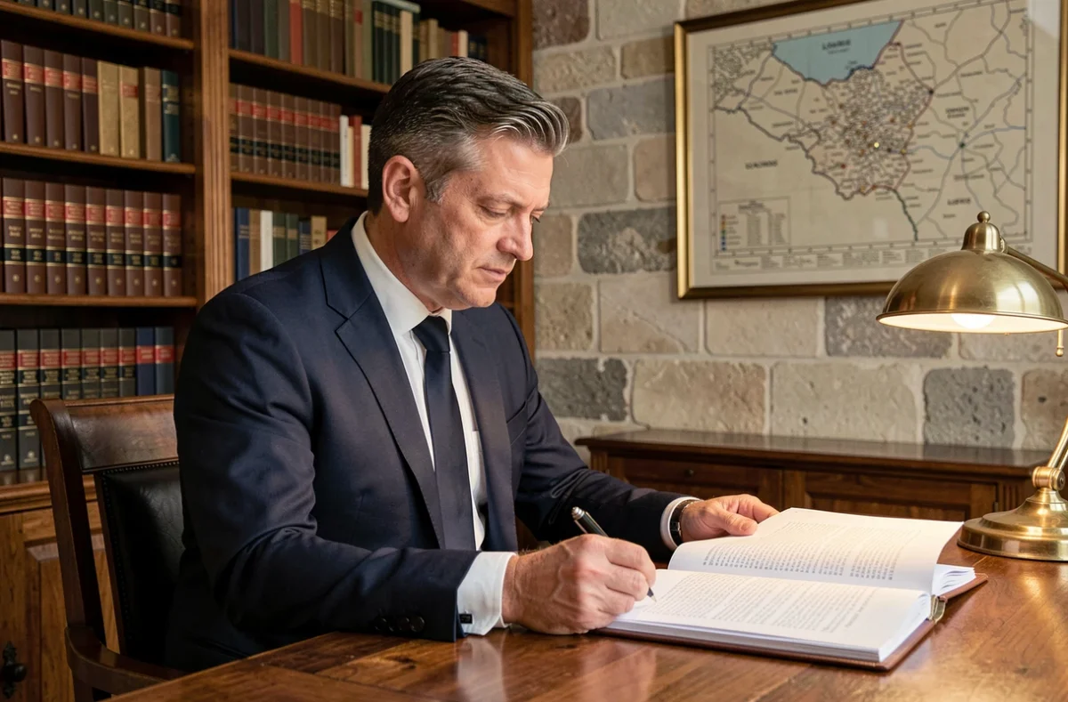 Avocat du cabinet juridique en Indre-et-Loire consultant des documents légaux à son bureau en bois dans un cadre traditionnel