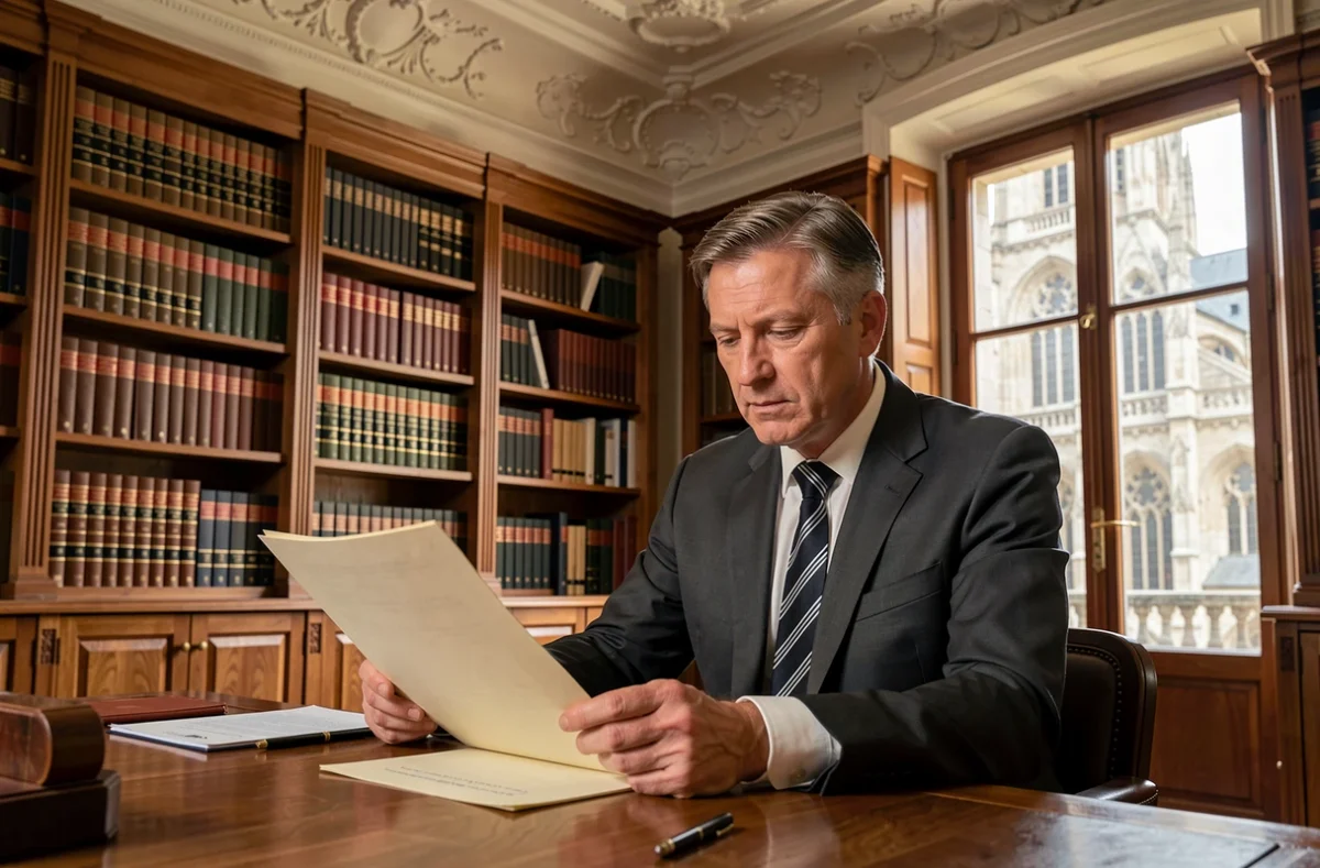 Avocat au barreau de Bourges assis à un bureau traditionnel en bois avec vue sur la cathédrale de Bourges en arrière-plan