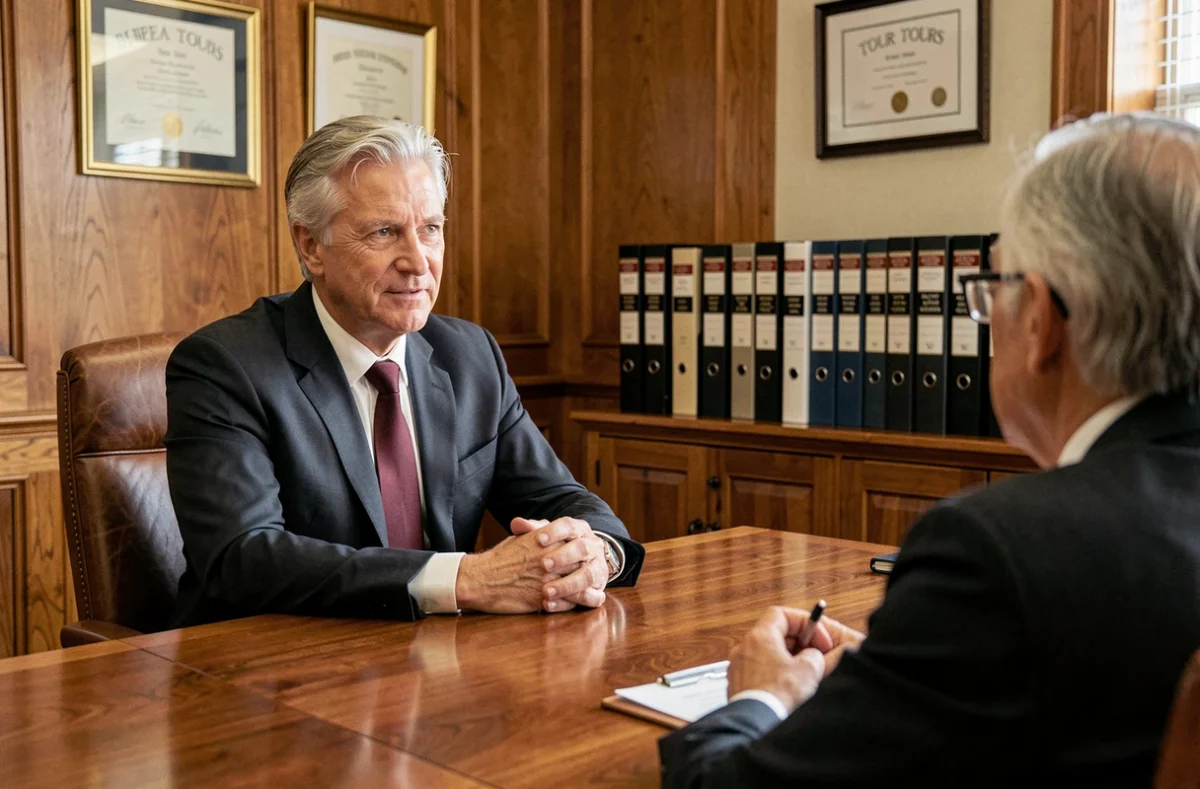 Avocat du cabinet Gaucher au barreau de Tours en consultation avec un client autour d'une table de conférence en chêne