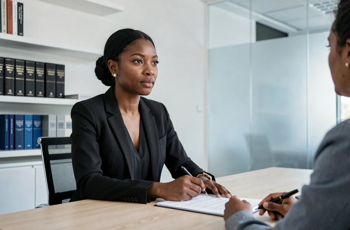 Avocate du cabinet Mabouana en droit civil à Tours en consultation avec un client dans un bureau moderne