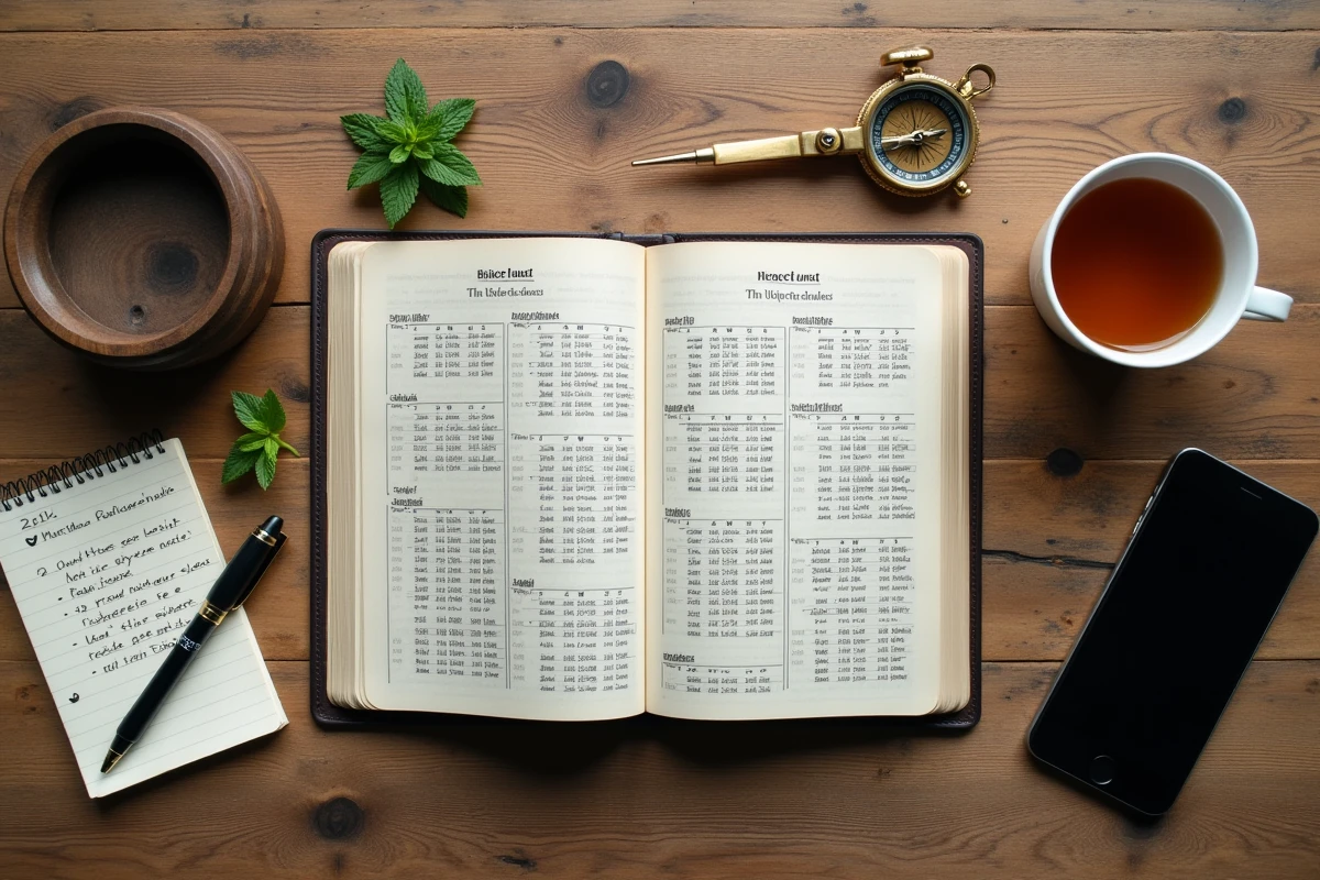 Vue aérienne d'un calendrier de prière islamique, boussole et smartphone sur une table en bois