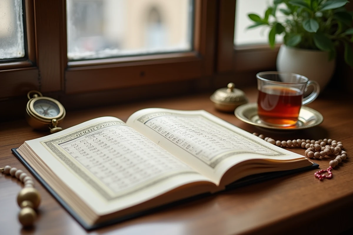 Calendrier des horaires de prière de Montpellier posé sur un bureau avec boussole et chapelet islamique
