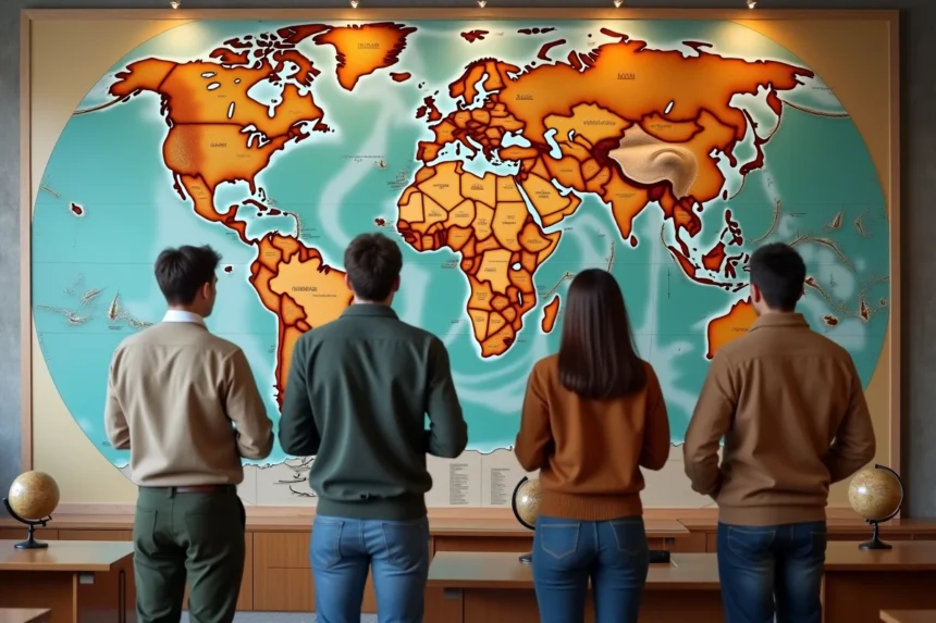Groupe de personnes pointant la carte du continent asiatique avec ses pays et régions