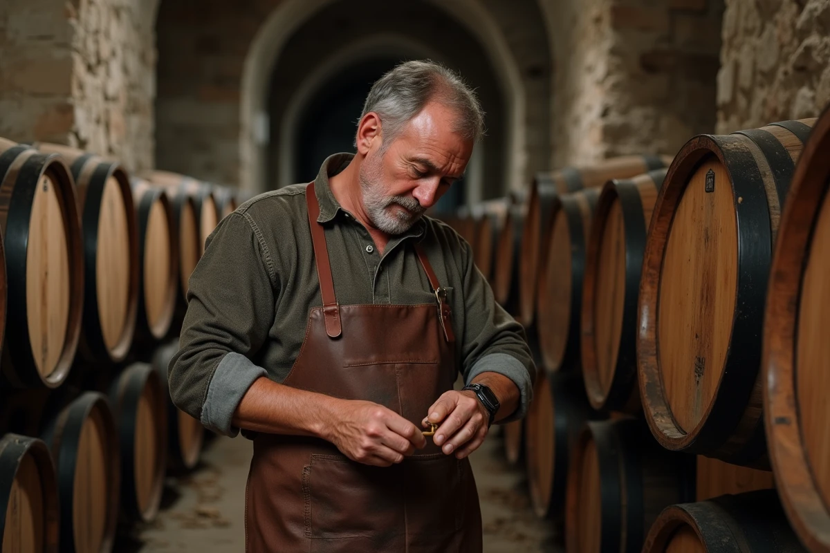 Artisan tonnelier inspectant des barriques d'Armagnac vieilli dans un chai en pierre du Gers