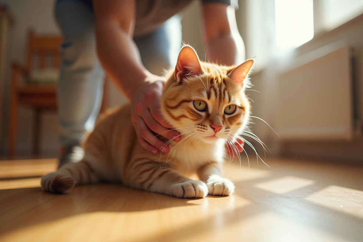 Chat beige brossé par une personne sur un sol en bois