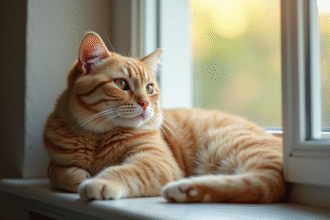 Chat beige allongé sur une fenêtre lumineuse