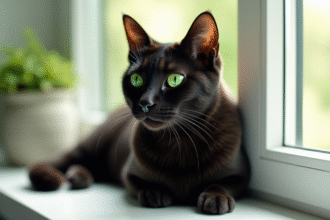 Chat noir aux yeux verts sur une fenêtre ensoleillée