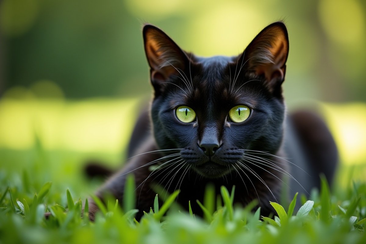 Chat noir aux yeux verts reposant dans l