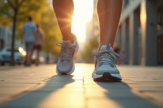 Chaussures de sport marchant sur un trottoir en ville en plein jour